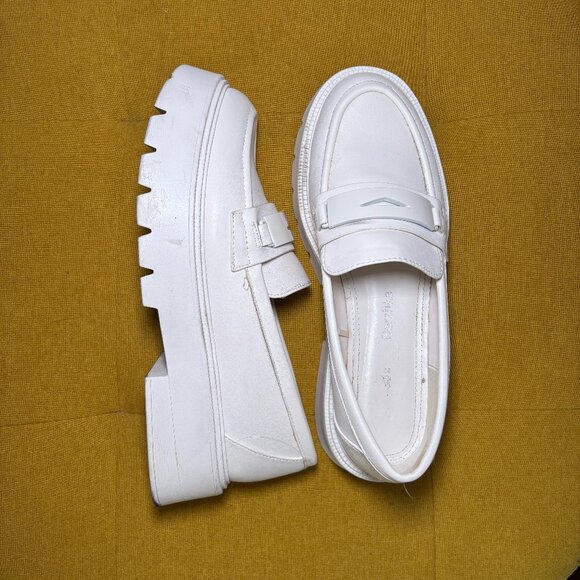 Bershka Shoes - Bershka Women’s White Chunky Square-Toe Loafers Slip-On Platform Casual Shoes